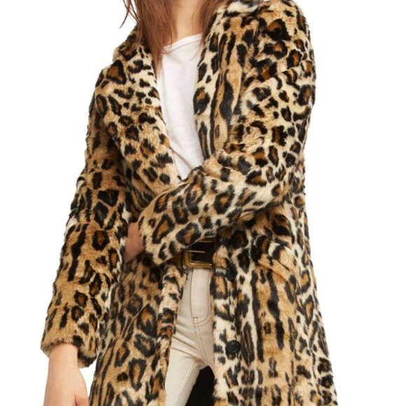 Free People Chloe Leopard Faux-Fur Duster Coat, Size Large - Picture 1 of 7